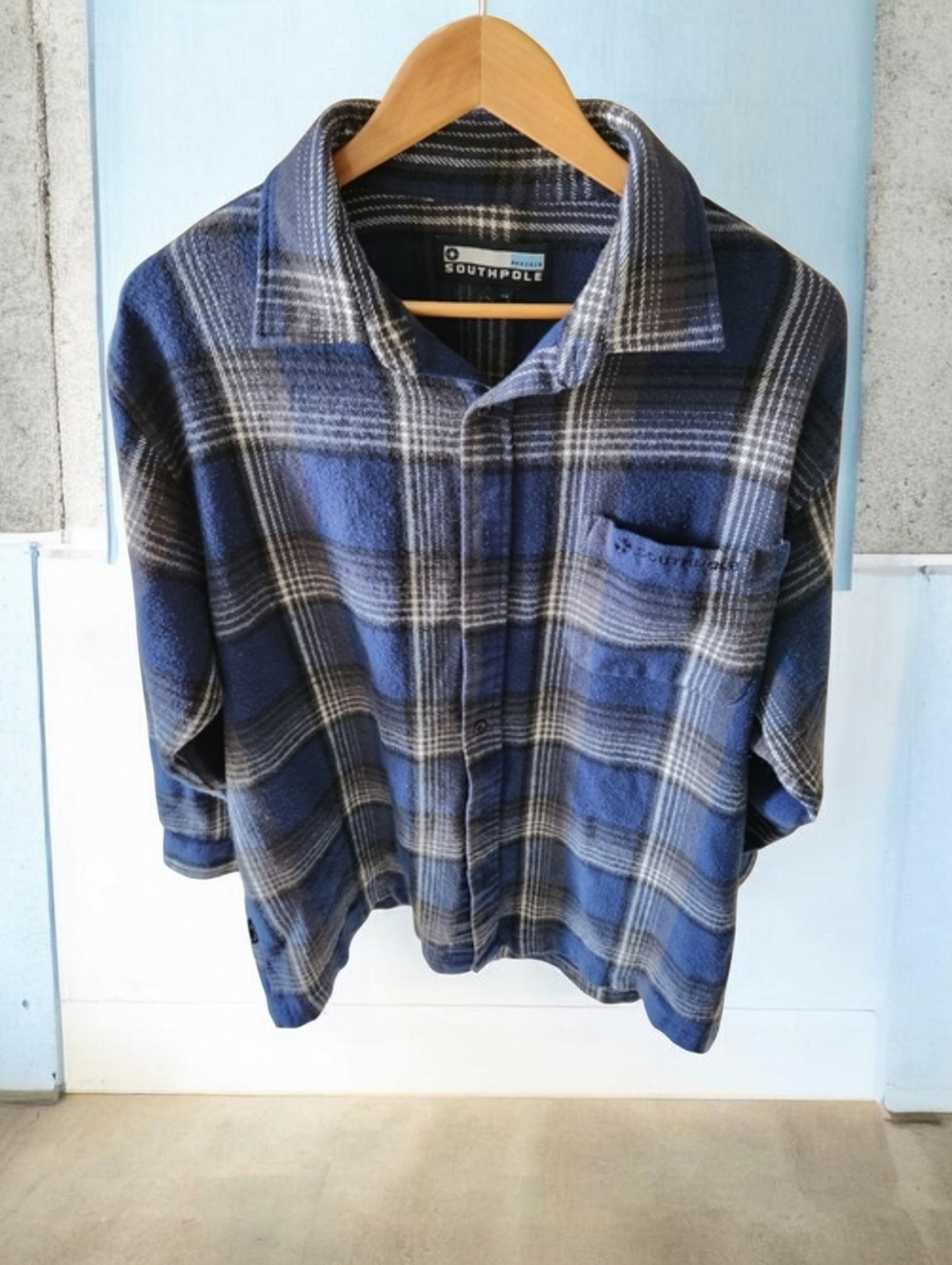 VTG South Pole Heavyweight Blue Plaid Flannel Shirt Mens XL